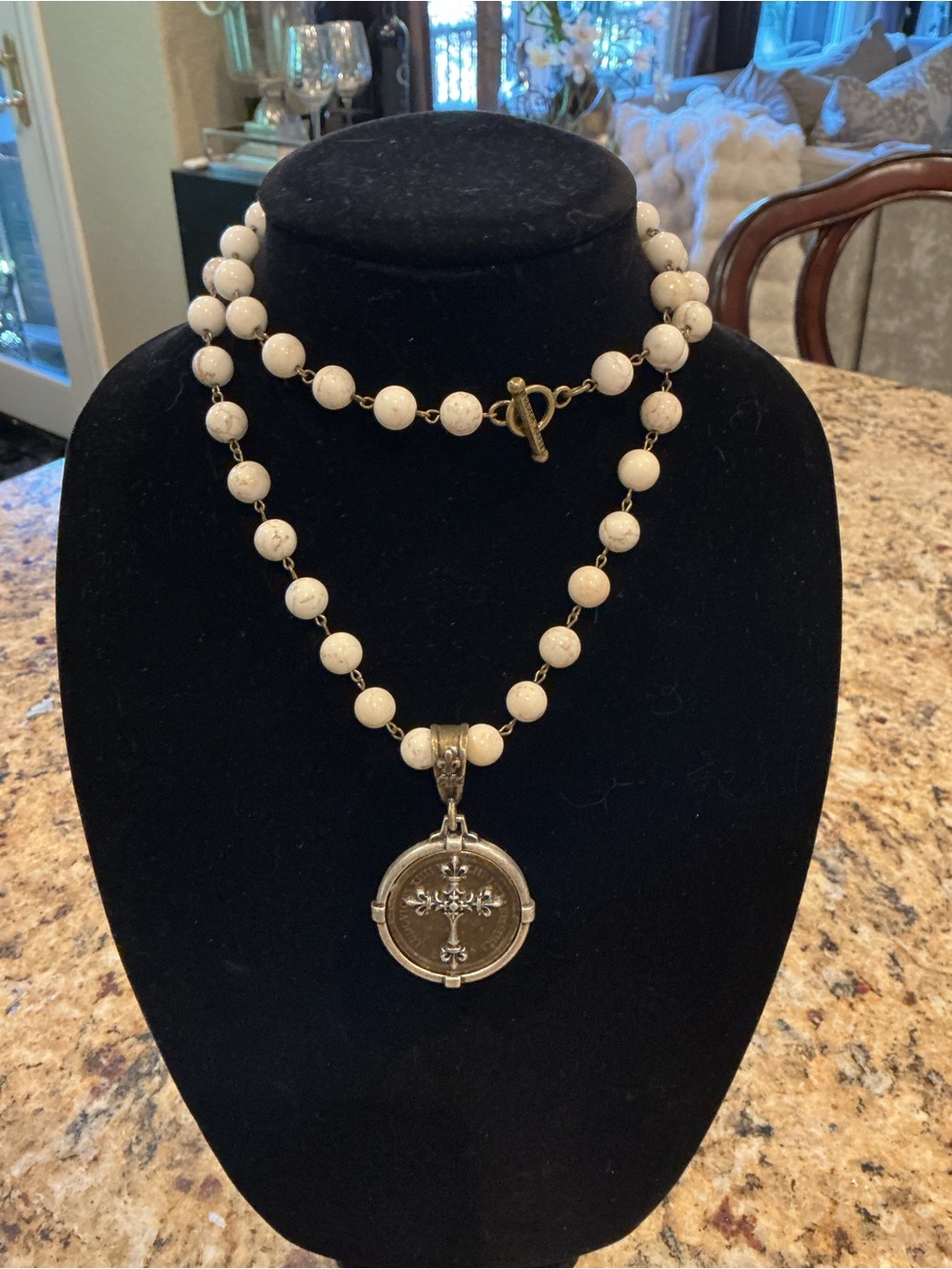 White TurquoisBeaded Pendant Necklace with Antique Gold and silverCross pendant
